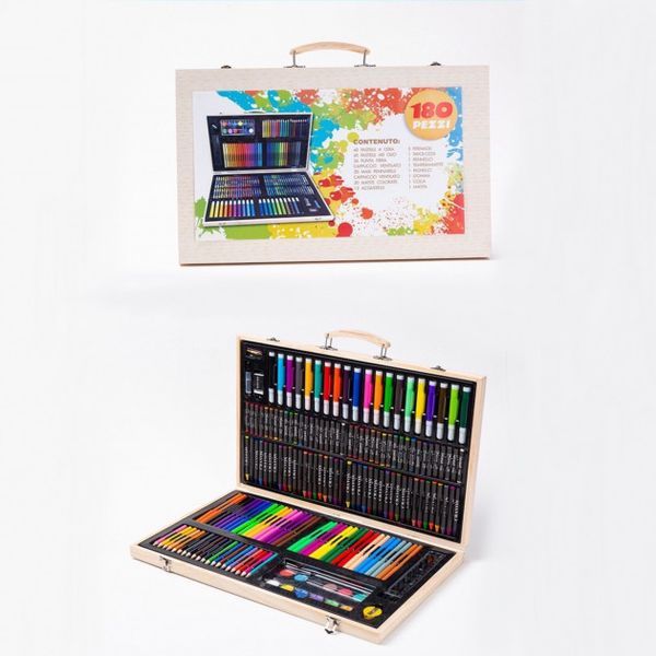 Детский набор для рисования и творчества 180 предметов в деревянном чемодане Артикул: 20500000027 фото