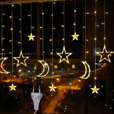 Гирлянда светодиодная штора Звезда и месяц 2,5 метра 138LED 12 звезд 220В Артикул: pr3852 фото