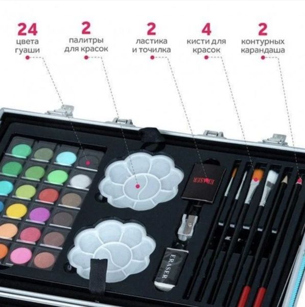 Набор художественный для творчества рисования в алюминиевом чемодане Единорог 145 предметов с красками, фломастерами и карандашами Артикул: 20500000022 фото