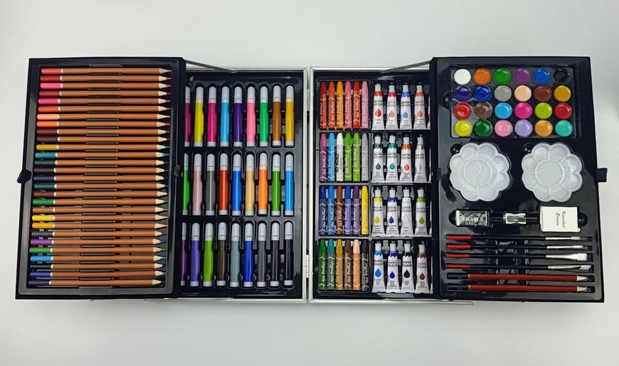 Набор художественный для творчества рисования в алюминиевом чемодане Единорог 145 предметов с красками, фломастерами и карандашами Артикул: 20500000022 фото