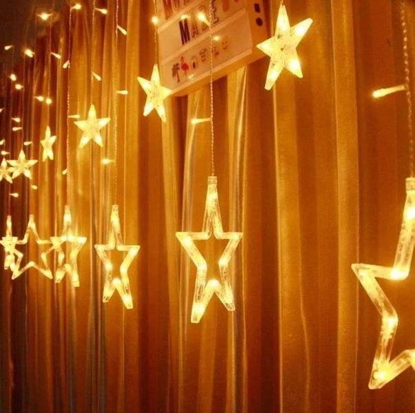 Светодиодная новогодняя гирлянда штора Звезды с пультом 12 предметов Белый тёплый Артикул: 50900000018 фото