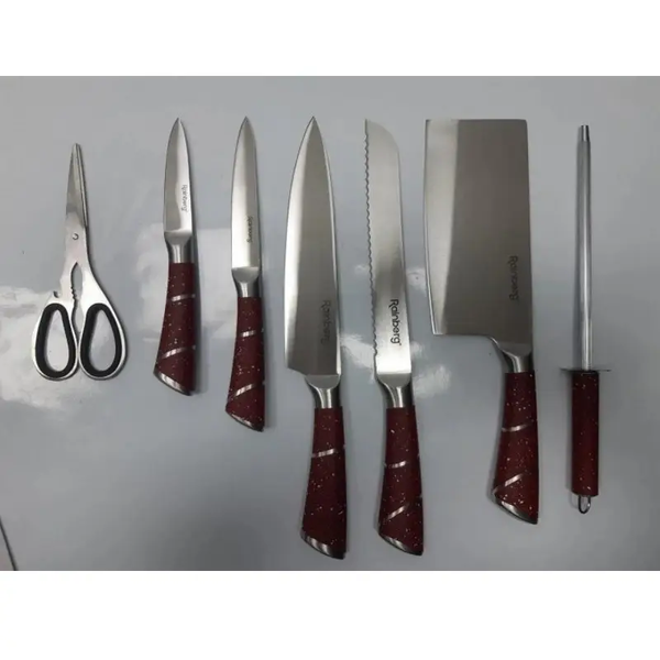 Набор кухонных ножей черный Rainberg RB-8805 8 в 1 из нержавеющей стали на деревянной подставке, ножи для кухни Артикул: 2288805/2 фото