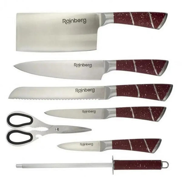 Набор кухонных ножей черный Rainberg RB-8805 8 в 1 из нержавеющей стали на деревянной подставке, ножи для кухни Артикул: 2288805/2 фото